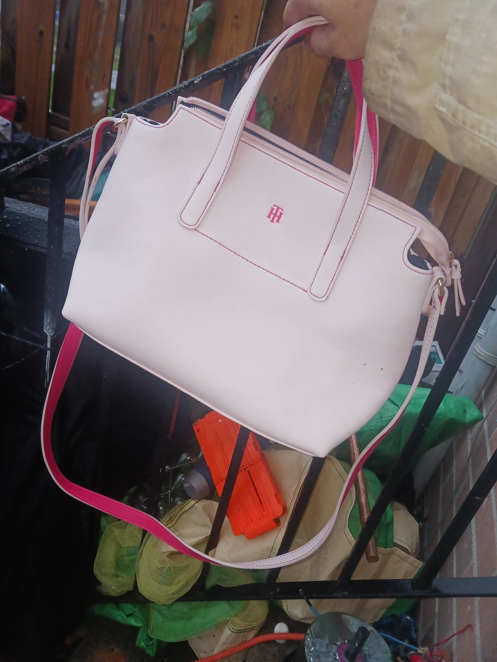 Tommy Hilfiger Pale Pink Leather Satchel with Hot Pink Trim